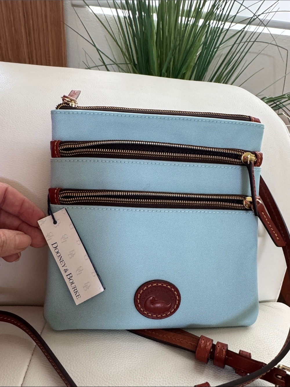 Dooney & Bourke Sky Blue Triple-Zip Crossbody with Brown Trim